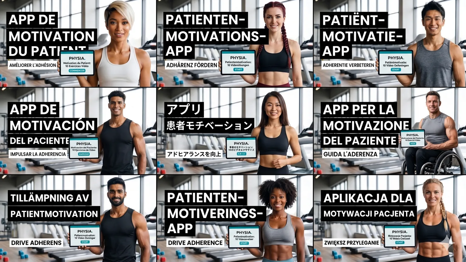 Collage : des personnes diverses en salle de sport tiennent une tablette montrant l’application Physia — motivation des patients et meilleure observance des exercices.